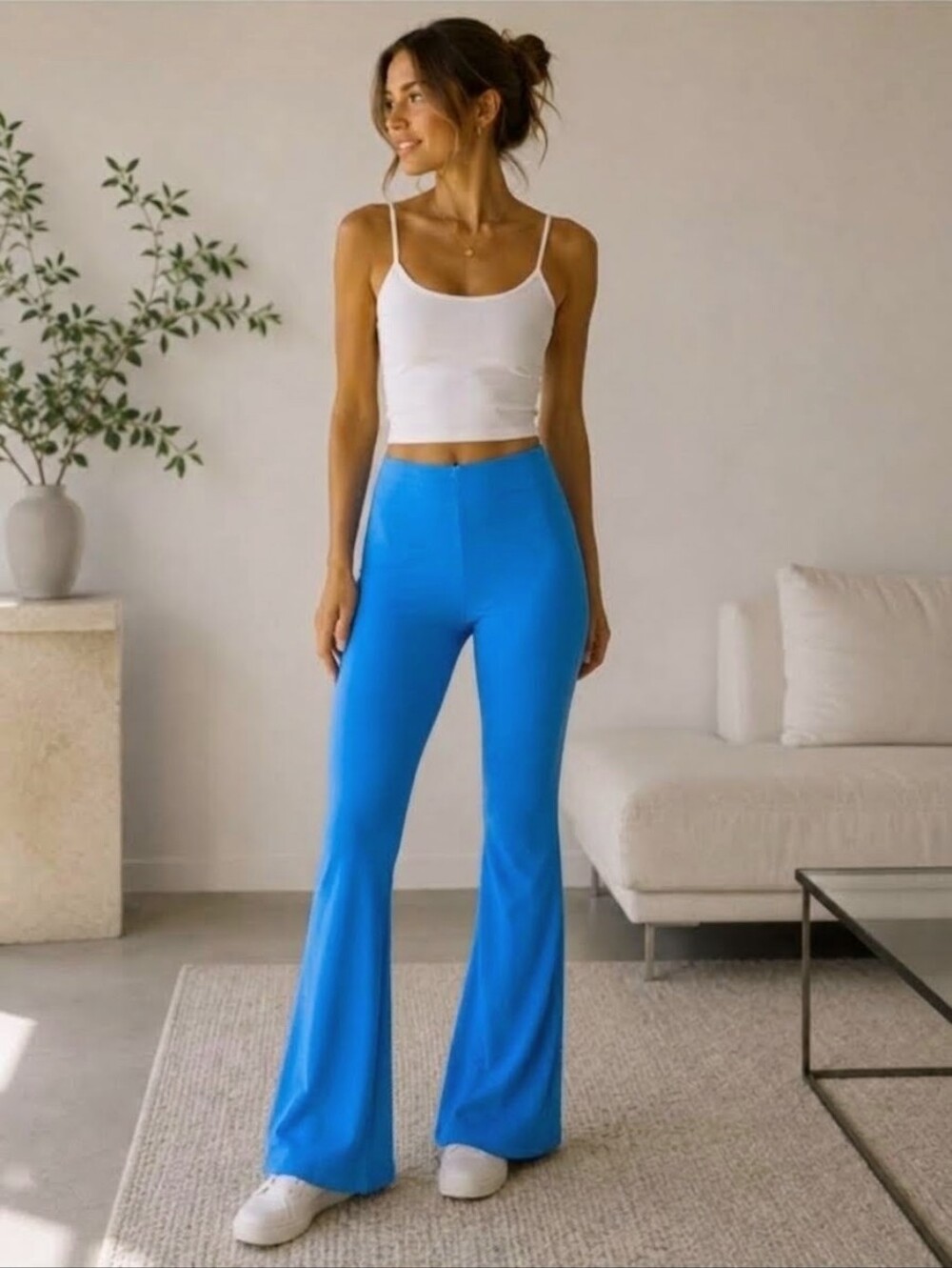 ZARA Bright Blue High Waist Flare Leg Pants Leggings Bellbottoms Size Small